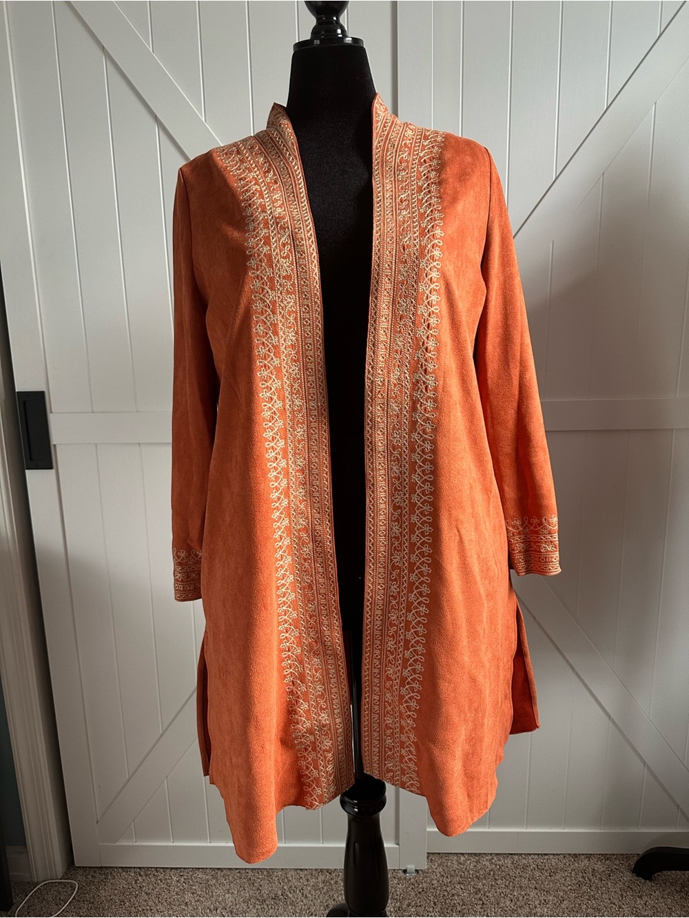 Soft Surroundings Petite Large Burnt Orange Faux Suede Embroidered Duster Jacket